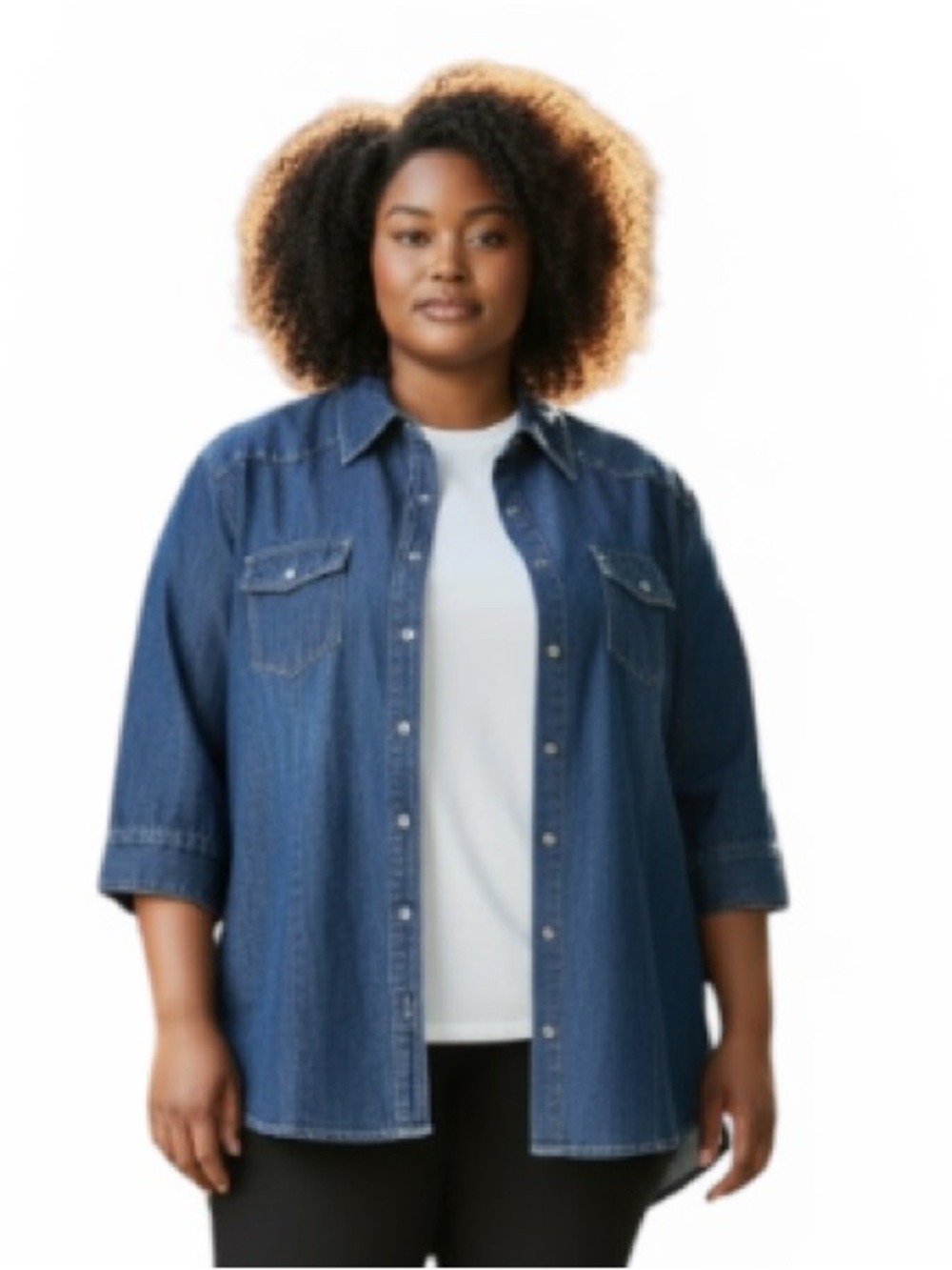 The Blues Denim Women Plus Button Down Snap 3/4 Sleeves Stud Accents Cotton 2X